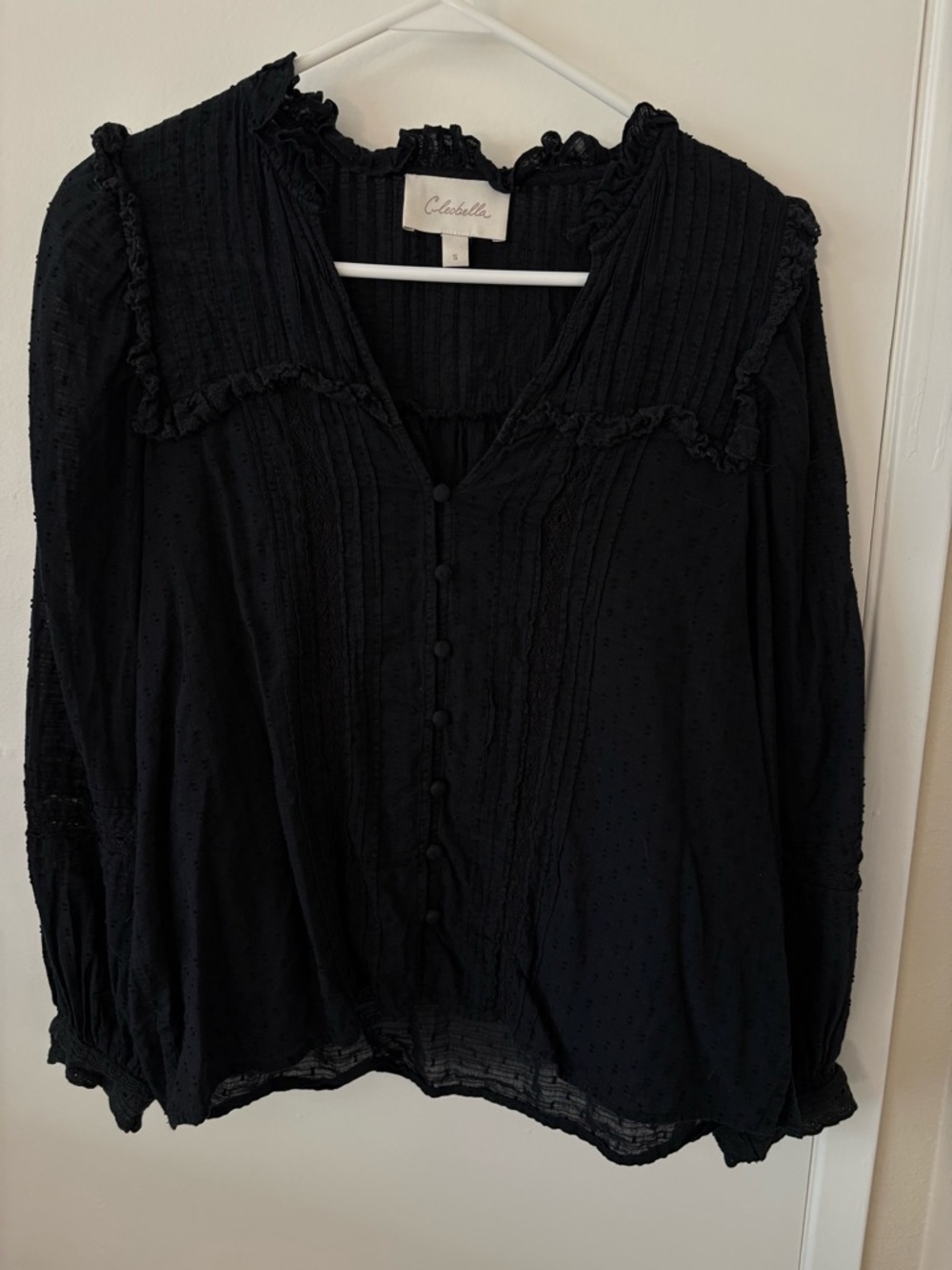 Cleobella Black Ruffled Pintuck Button-Front Blouse